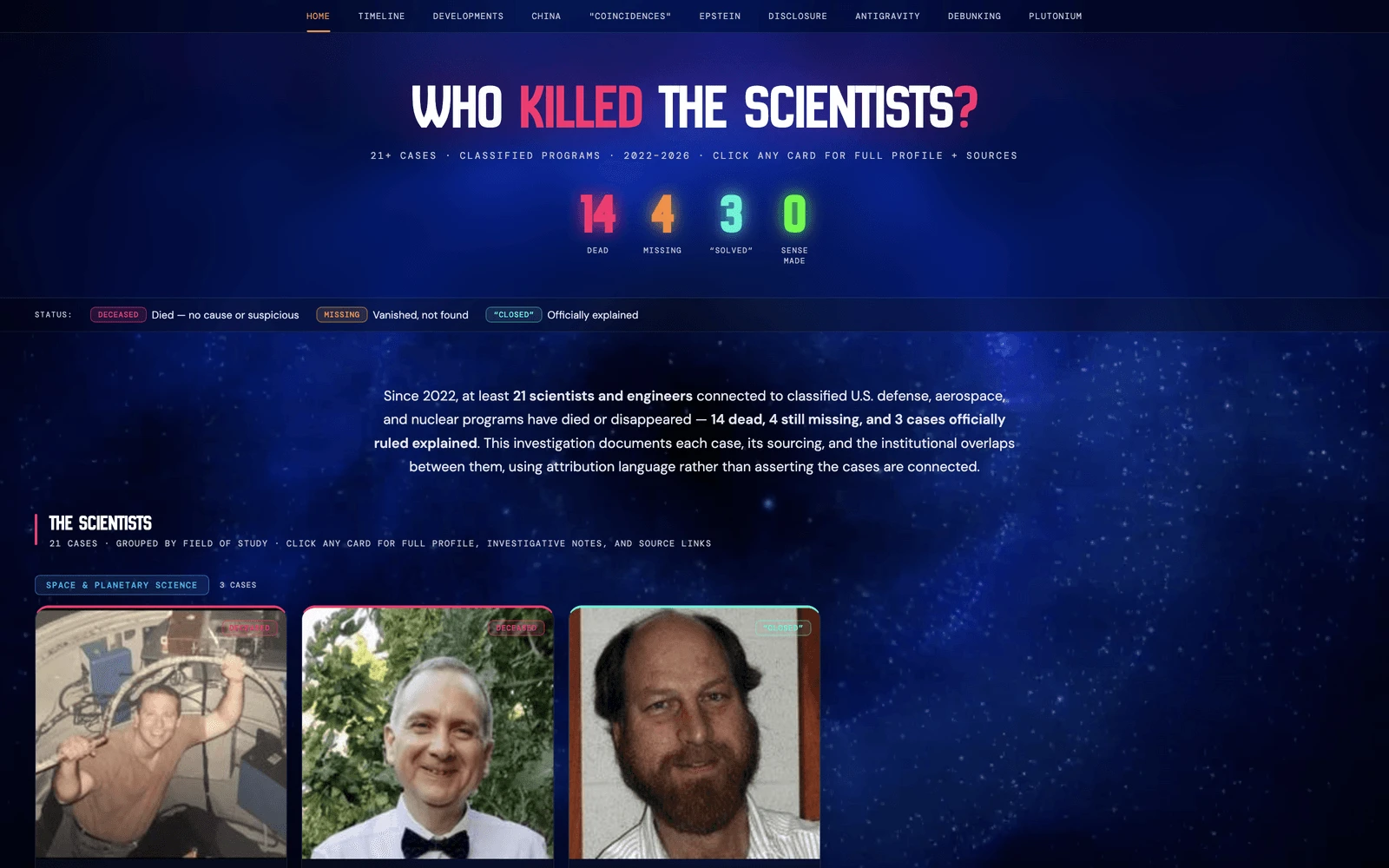 Top screenshot of WhoKilledTheScientists.com