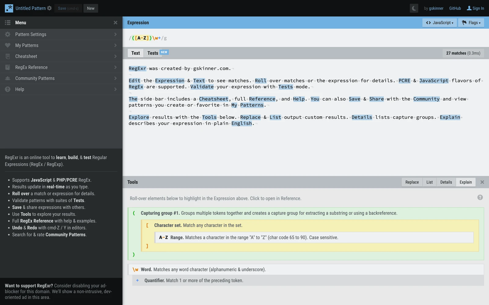 Top screenshot of RegExr.com