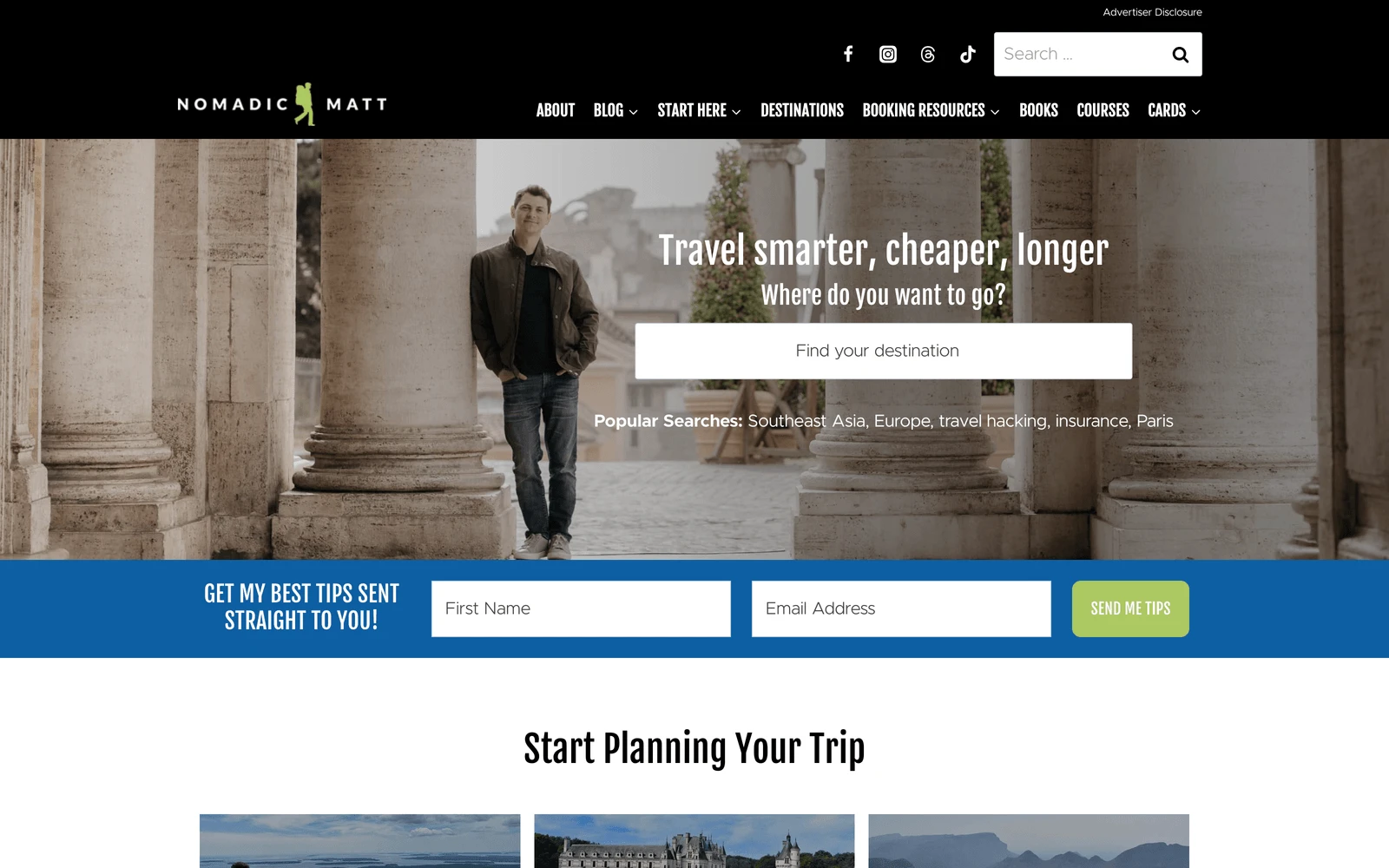 Top screenshot of NomadicMatt.com