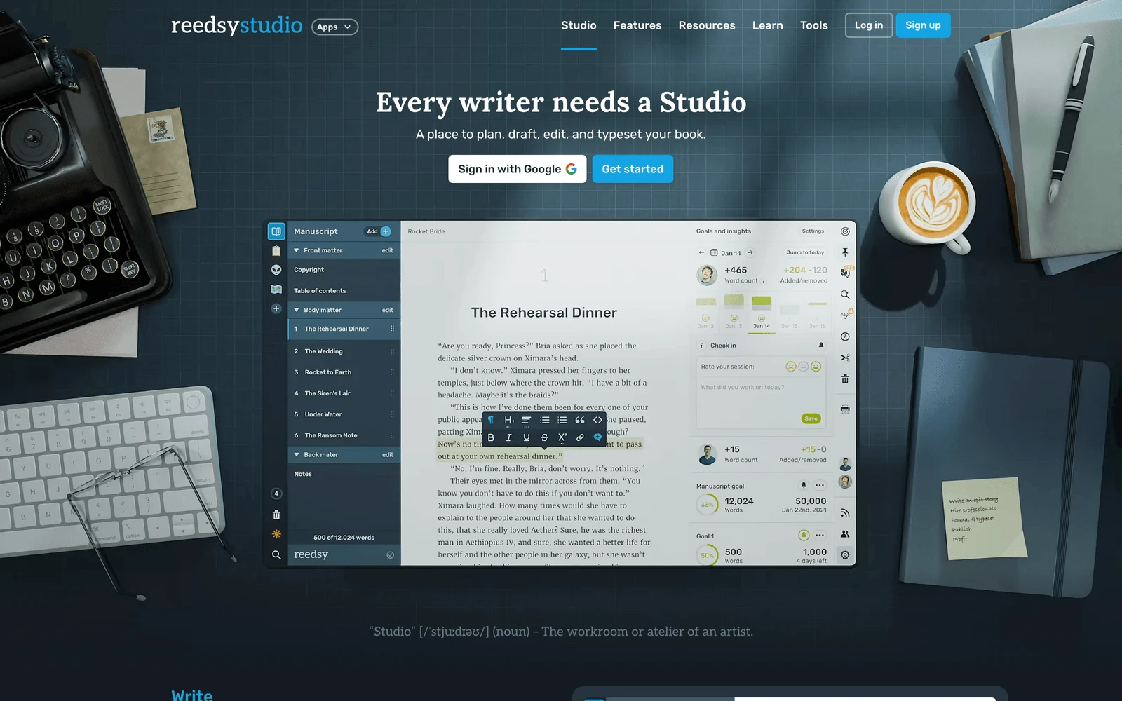 Top screenshot of Reedsy.com Studio
