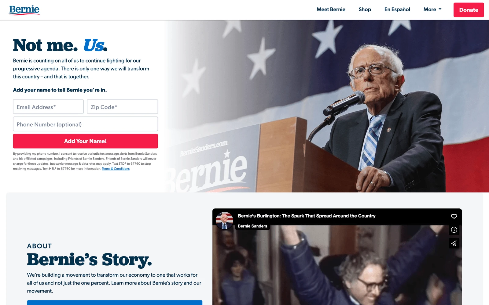 Top screenshot of BernieSanders.com