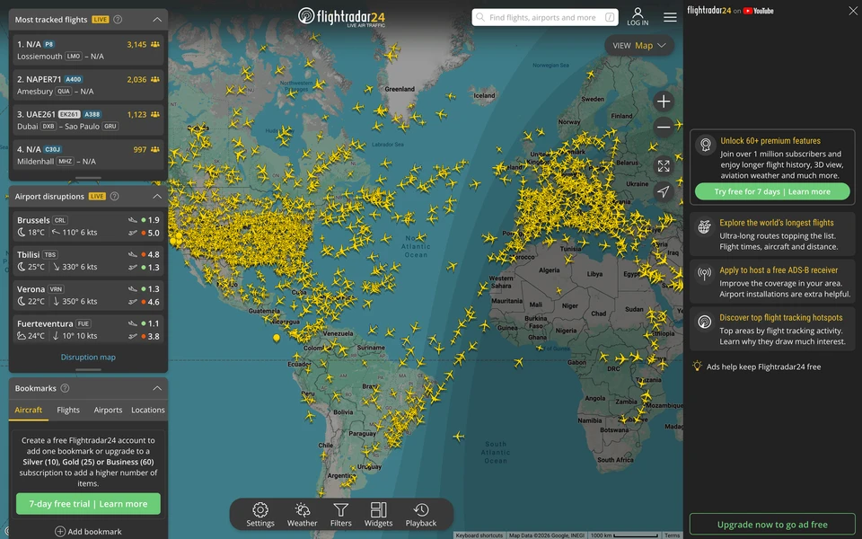 Screenshot of FlightRadar24.com