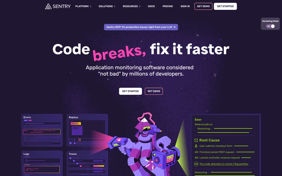 Screenshot of Sentry.io