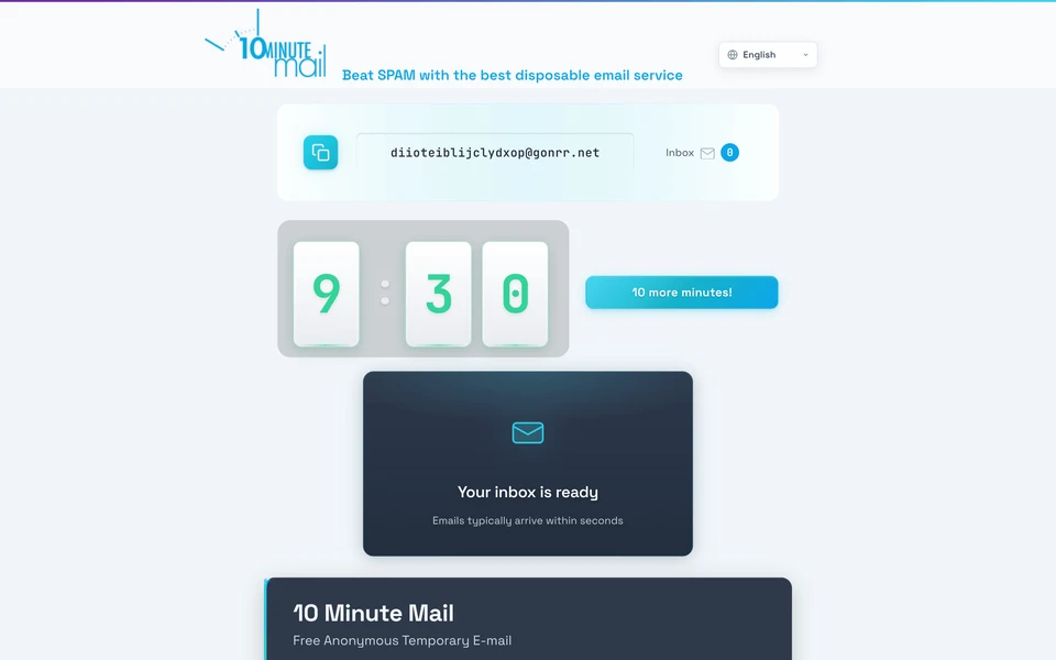 Screenshot of 10minuteMail.com