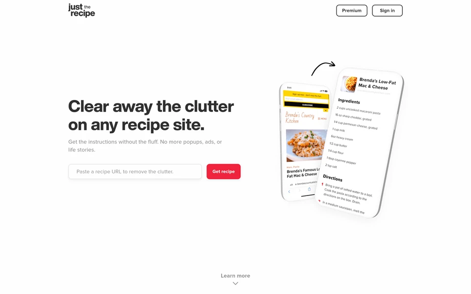 Screenshot of JustTheRecipe.com