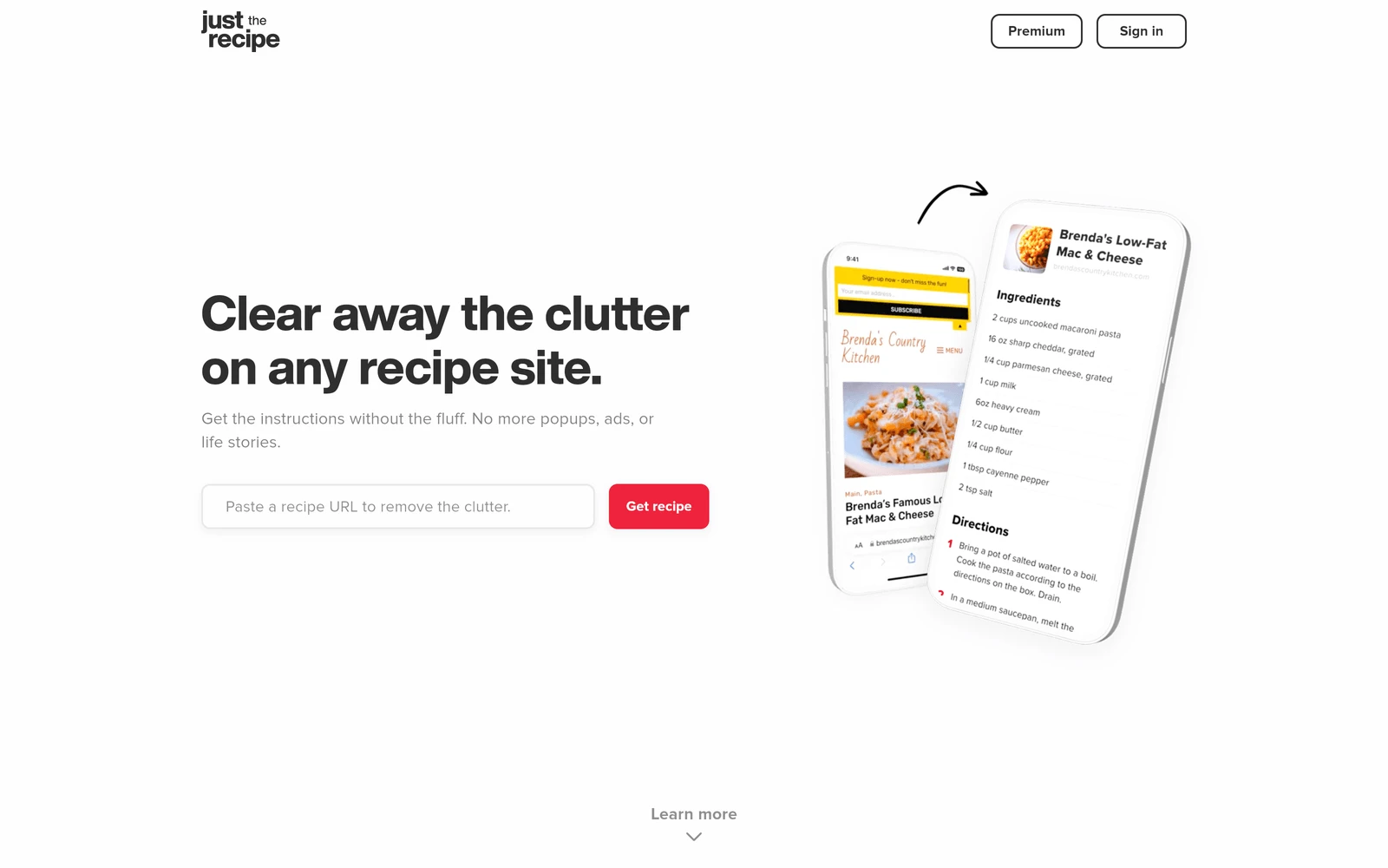 Top screenshot of JustTheRecipe.com